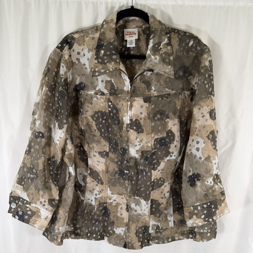Ruby Rd Favorites Jacket Women's 20W Green Full Zip Linen Semi Sheer Lightweight